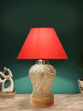 Conical Orange Cotton Shade Lamp with Wood & Mosaic Glass Base